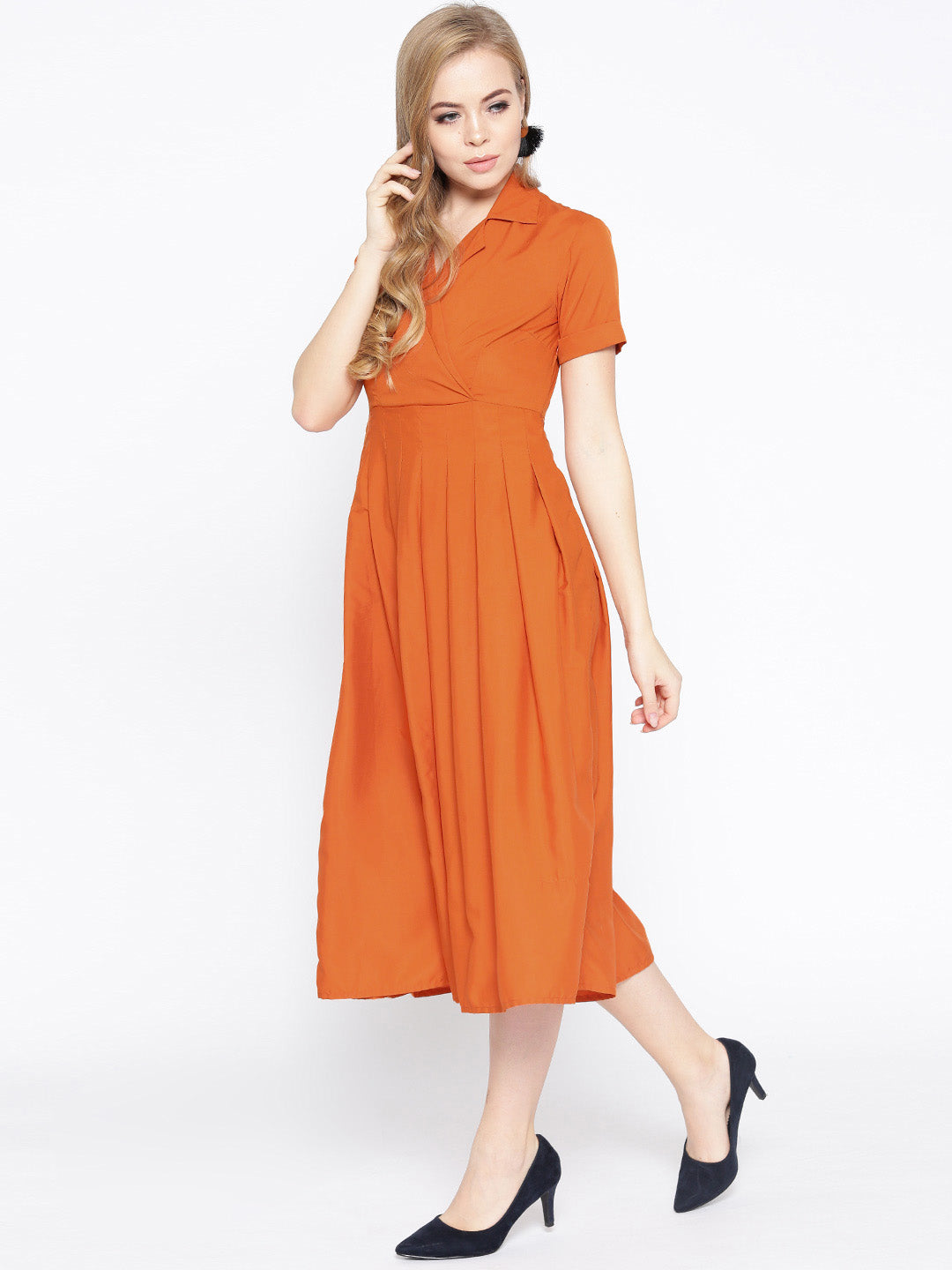 Box Pleated Midi Dress with collar