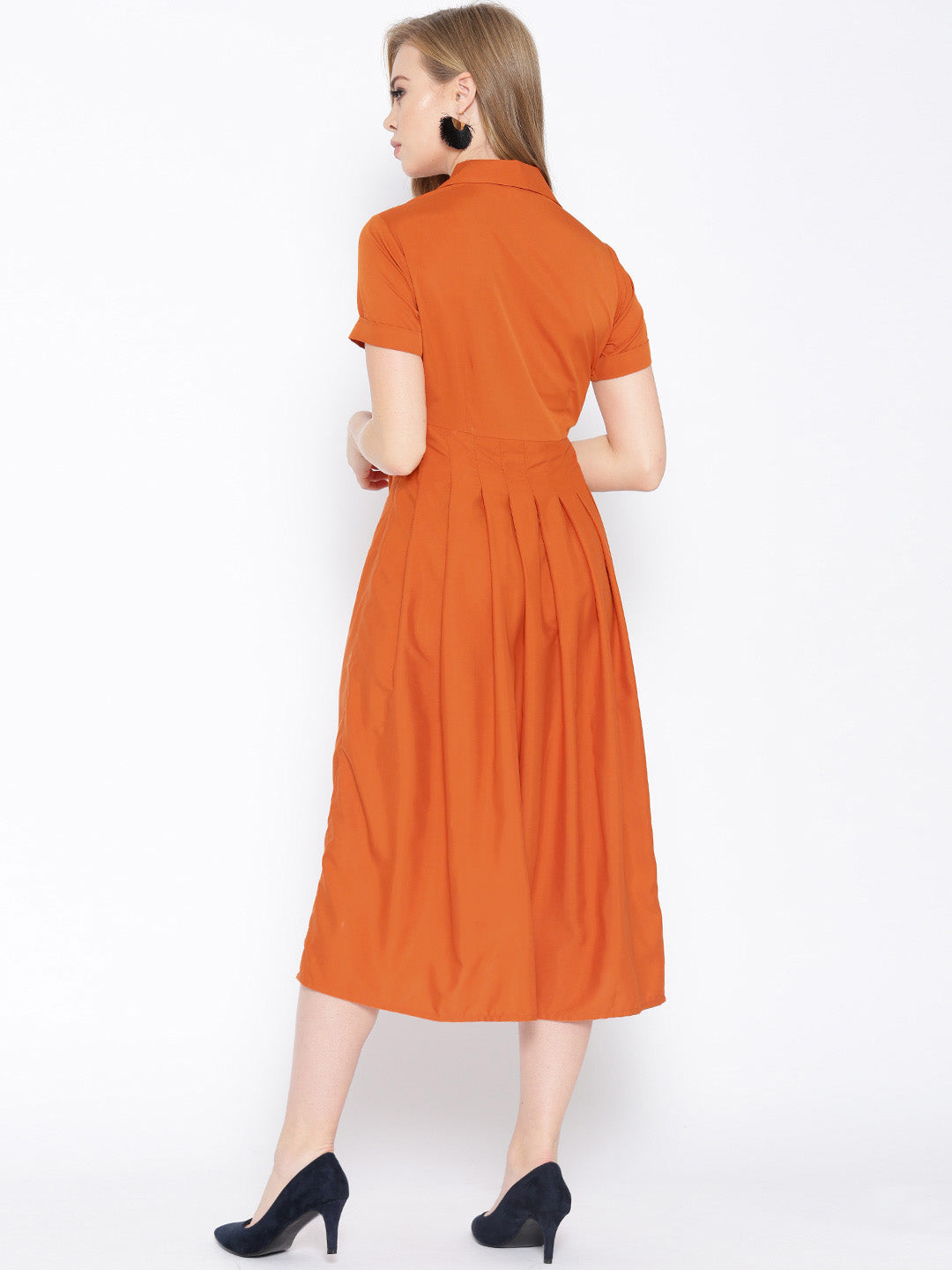 Box Pleated Midi Dress with collar