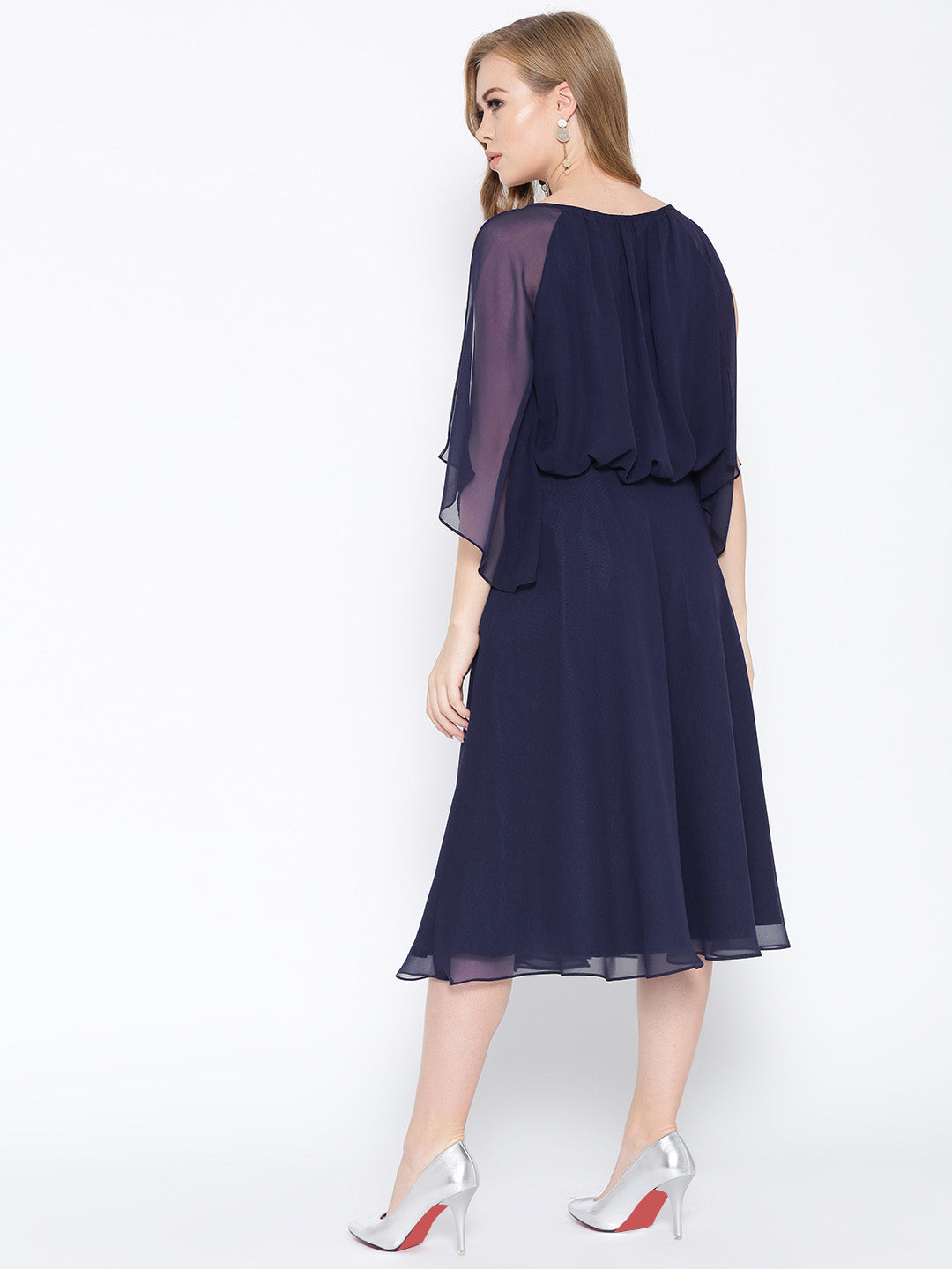 Flared midi dress with blouson yoke in Midnight Blue
