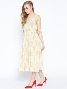 Strappy Box pleate Midi dress with front buttons in Off white