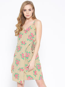 Overlap Rose Printed Dress with side tie up