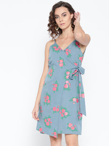 Overlap Rose Printed Dress with side tie up