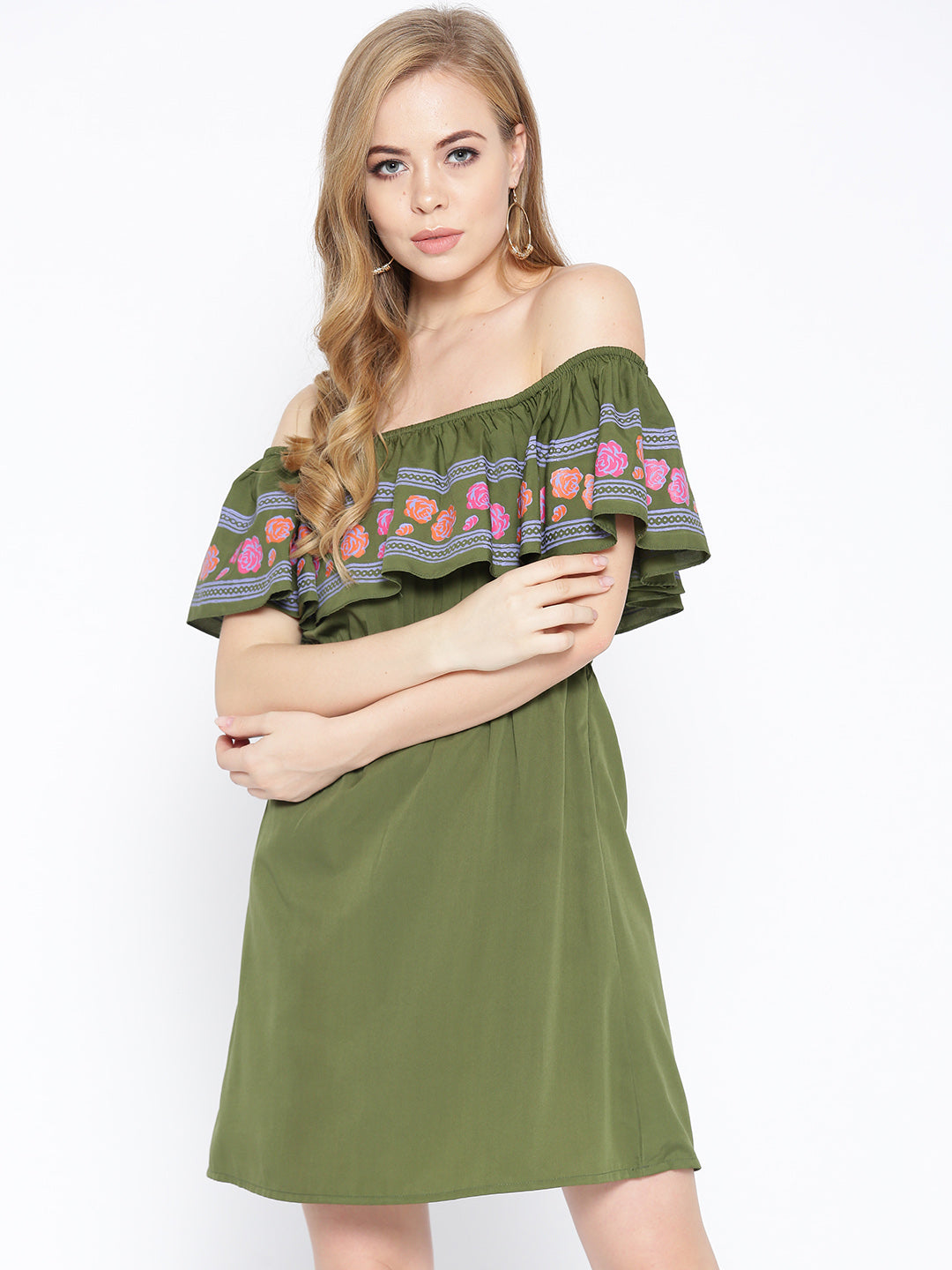Off shoulder mini dress with print on the frill
