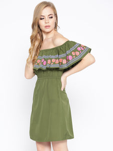 Off shoulder mini dress with print on the frill