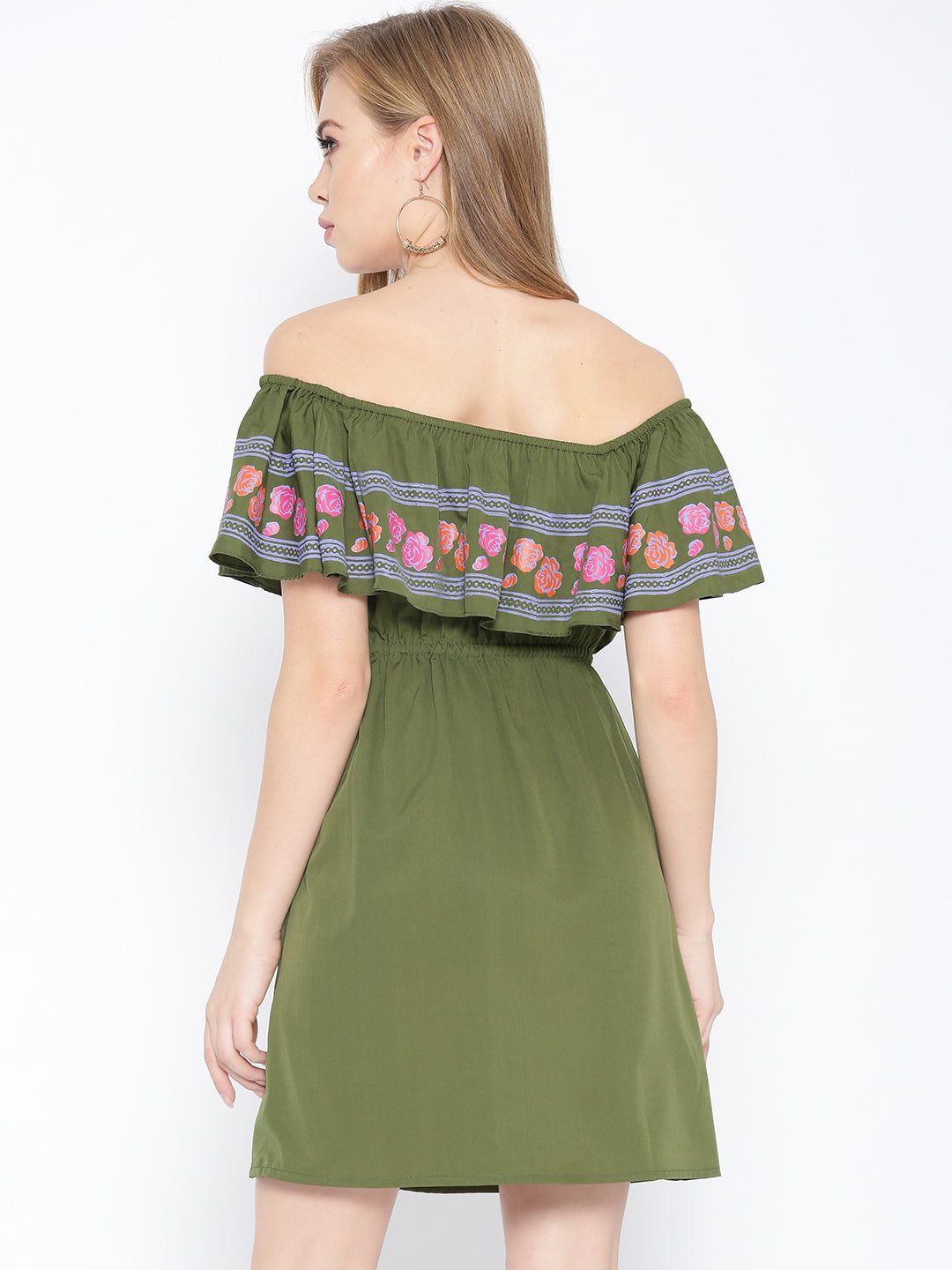 Off shoulder mini dress with print on the frill
