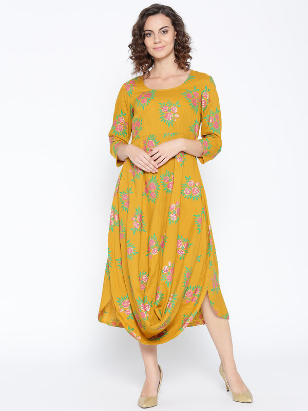 Front Cowl Midi Dress with Rose print in Mustard