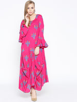 Load image into Gallery viewer, Bell Sleeve ikat print Long dress with front drape
