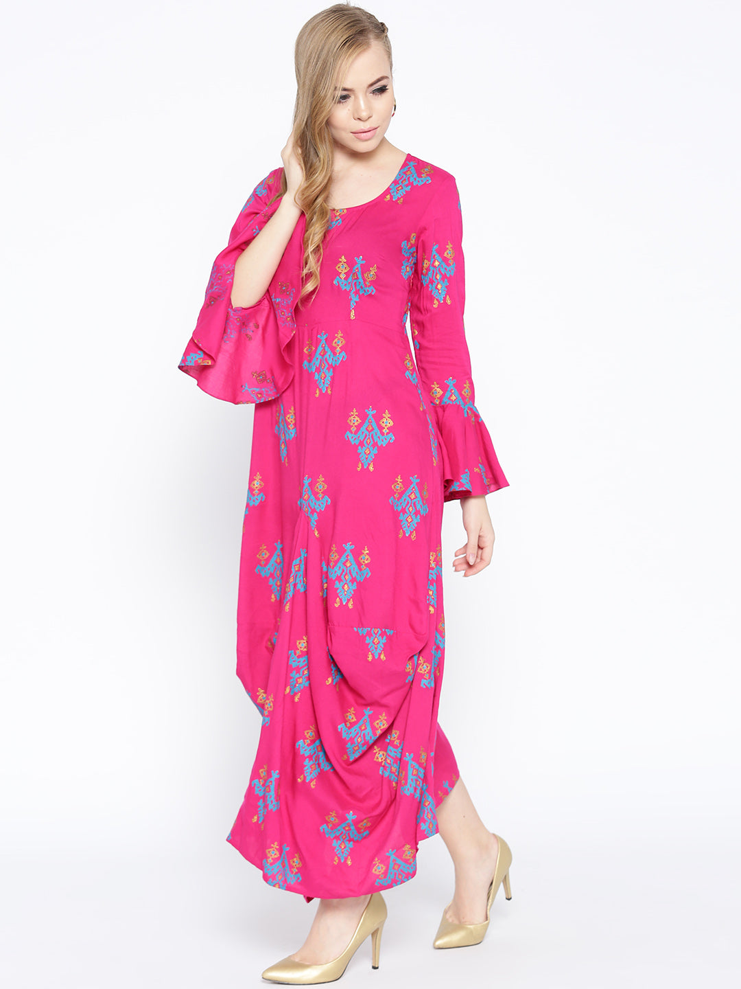 Bell Sleeve ikat print Long dress with front drape