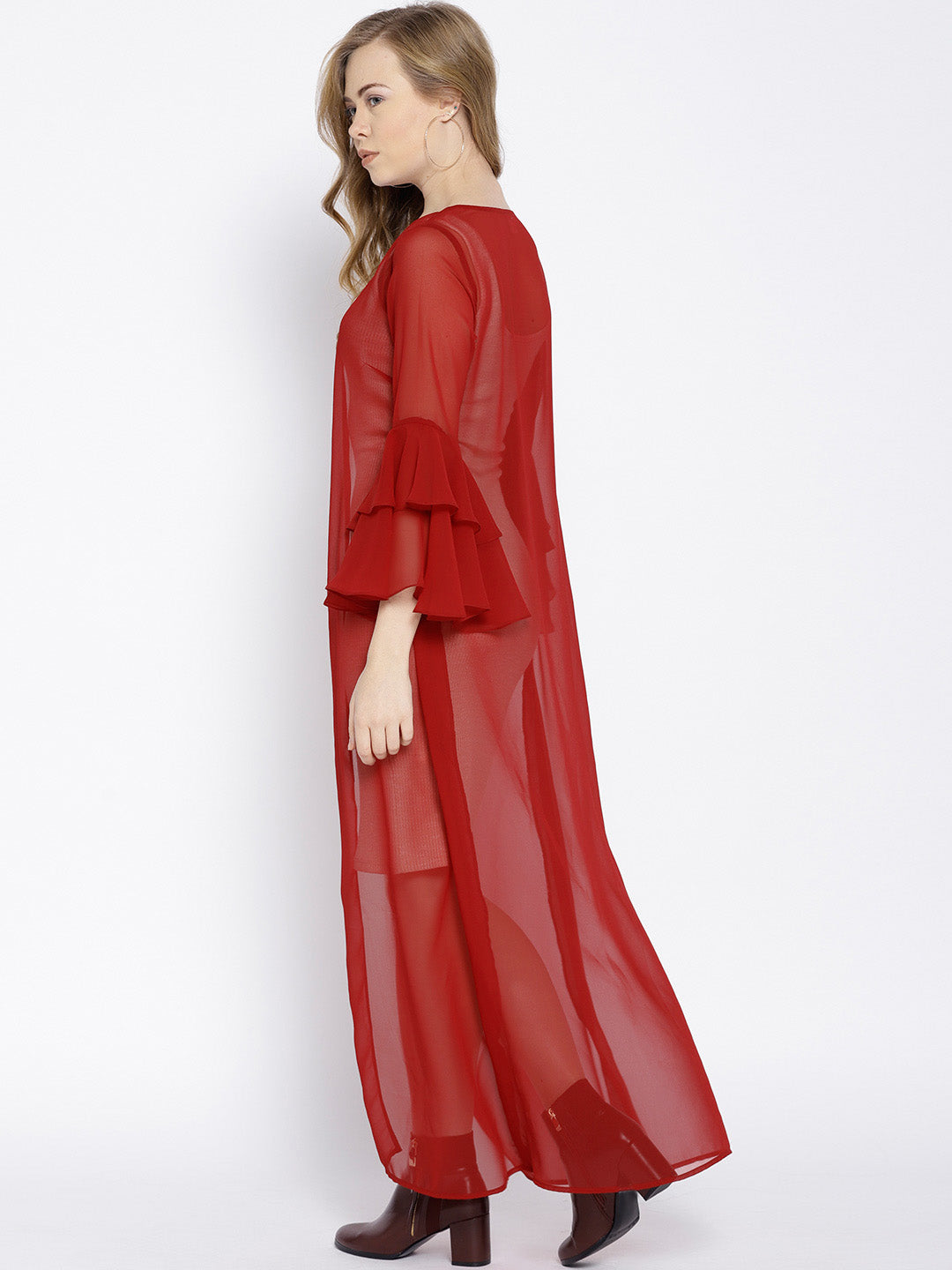 Layered frill sleeve shrug in Maroon