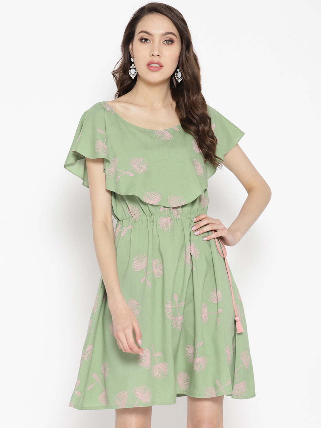 Boat neck Flare yoke with side tie up mini dress