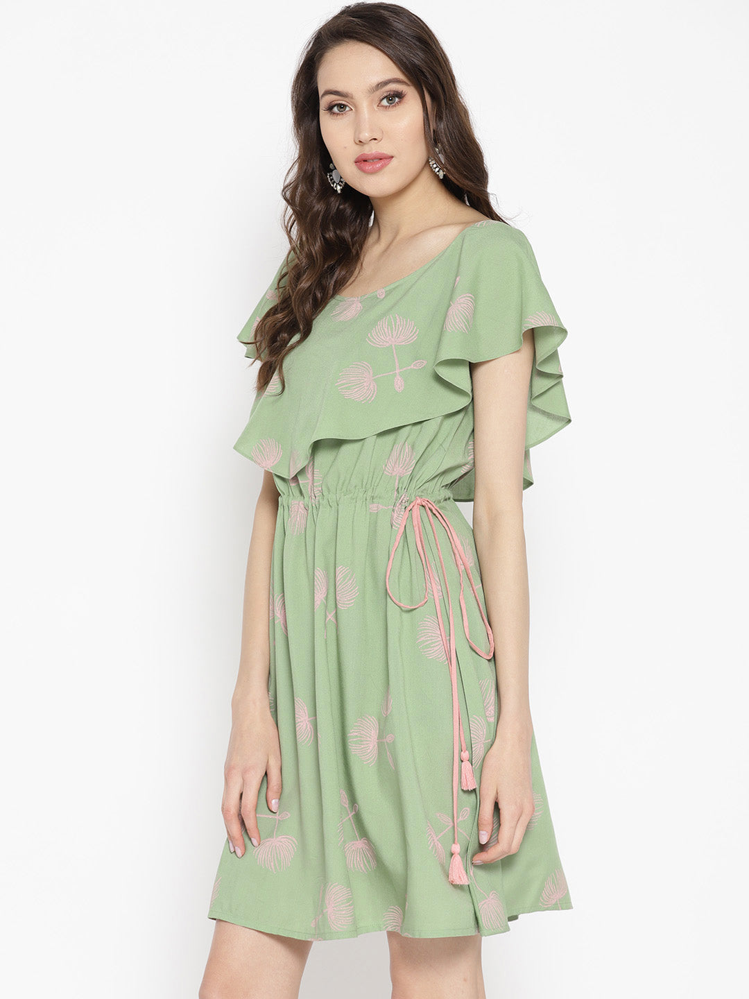 Boat neck Flare yoke with side tie up mini dress