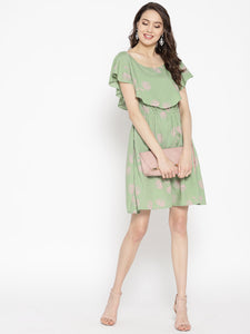 Boat neck Flare yoke with side tie up mini dress