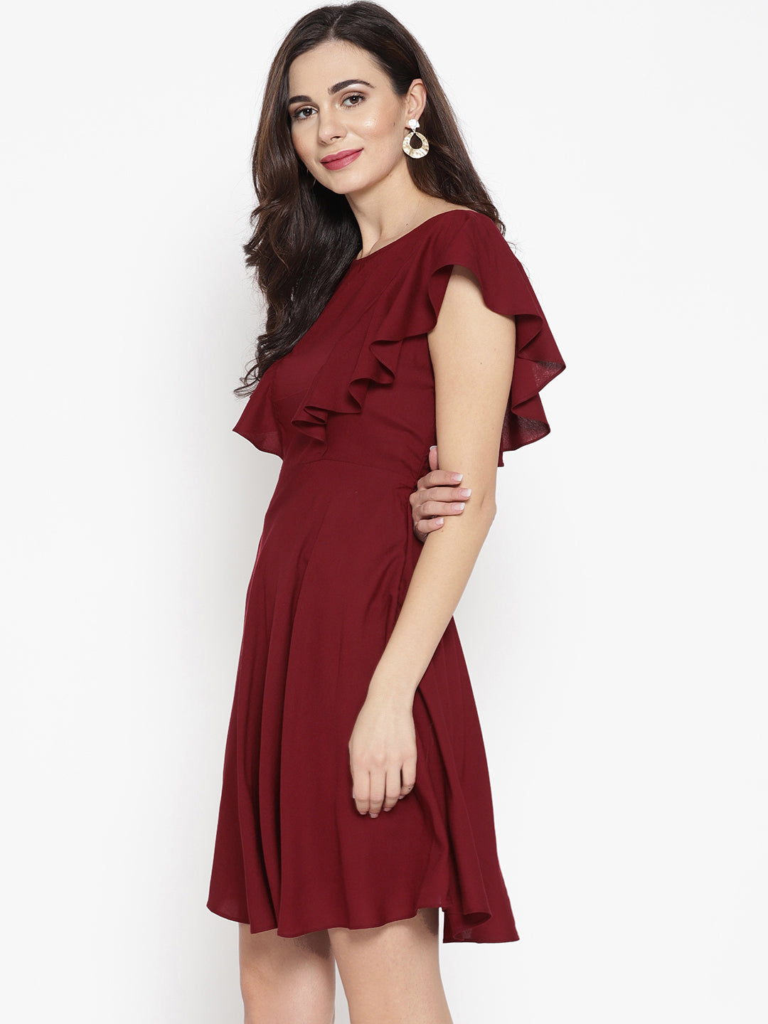 Frill sleeve deep back skater dress in Maroon