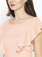 Frill sleeve deep back skater dress in Skin Color