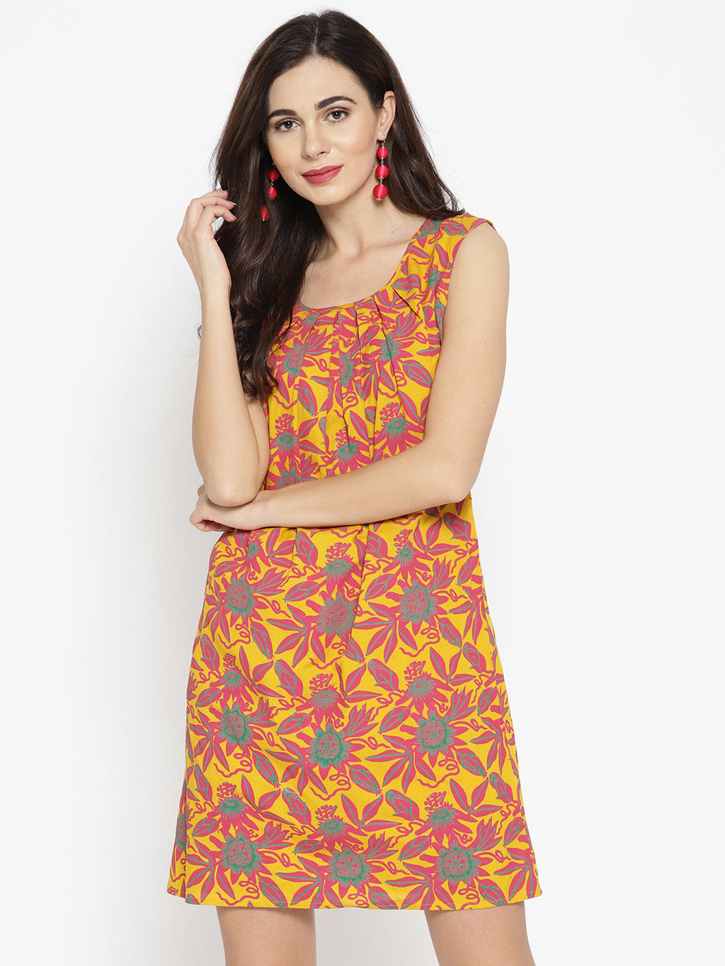 Pleated neck mini Shift Dress with print