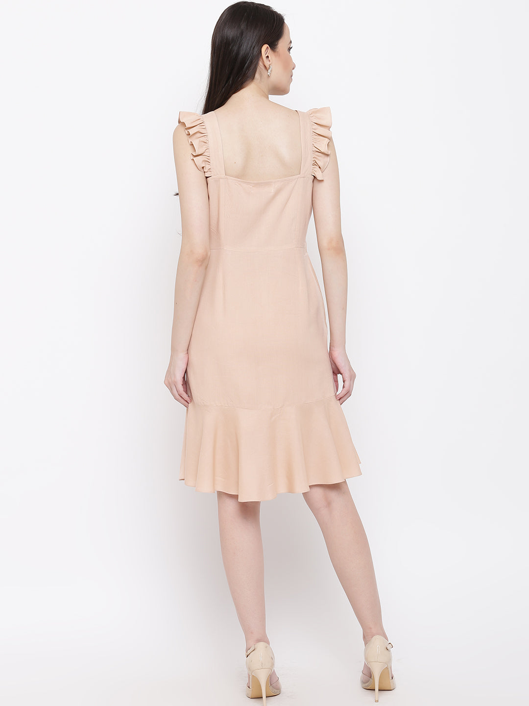 Shoulder strap frill dress in Skin