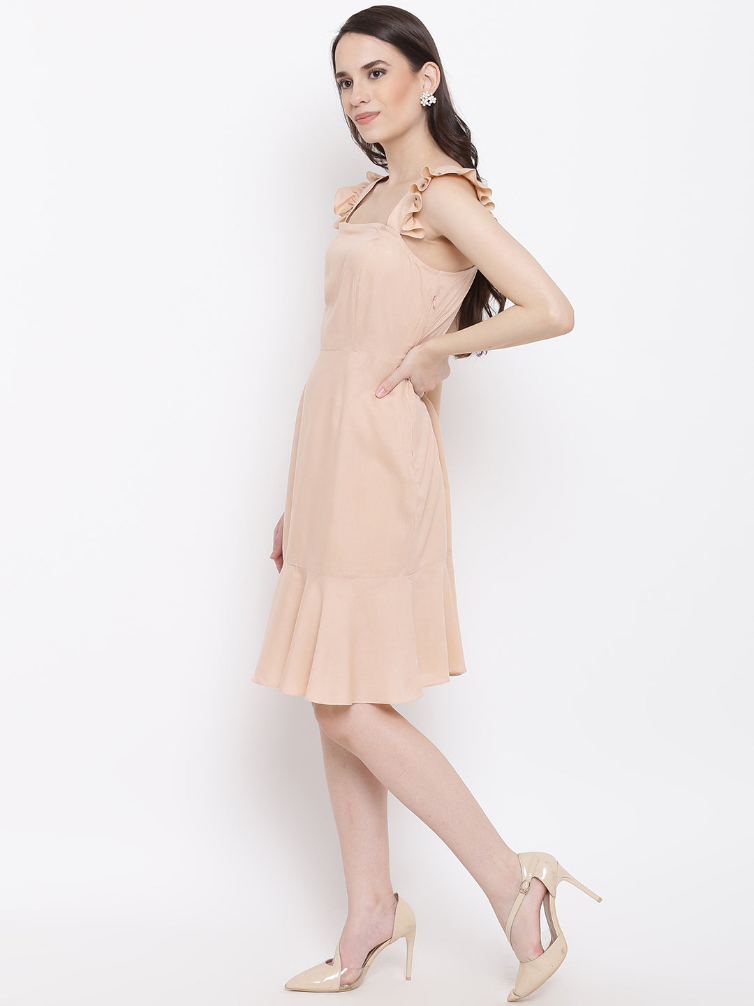 Shoulder strap frill dress in Skin