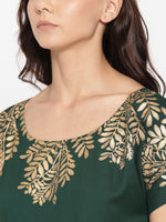 Gold Block Print Front Pleated side cowl dress