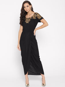 Gold Block Print Front Pleated side cowl dress