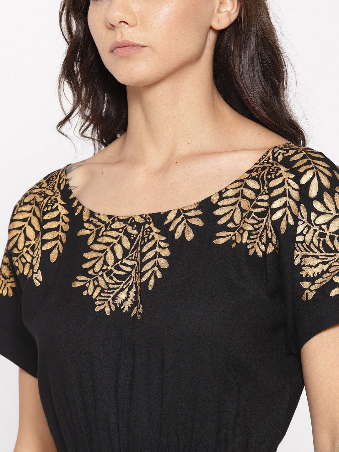 Gold Block Print Front Pleated side cowl dress