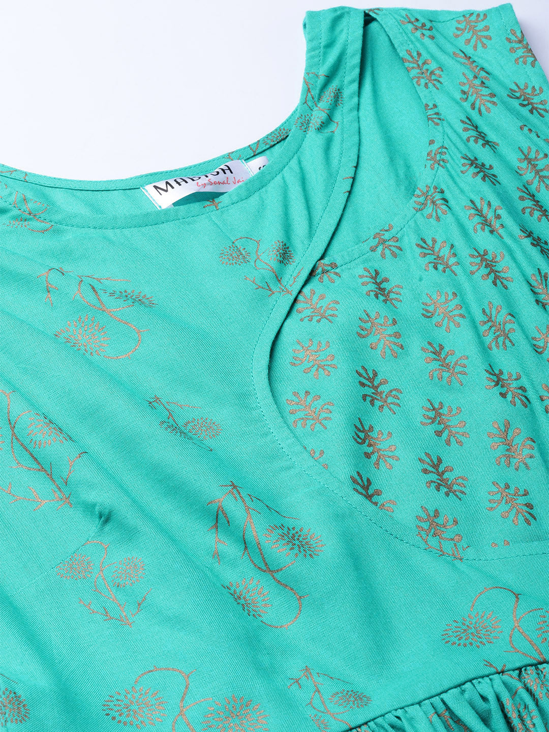 Printed Midi Dress with asymmetric overlap neck in Mint Blue