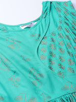 Printed Midi Dress with asymmetric overlap neck in Mint Blue