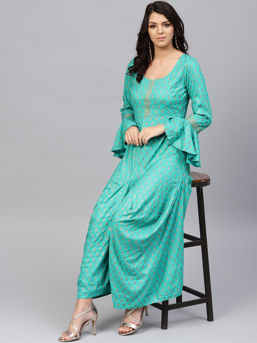 Bell sleeve printed long dress with front drape