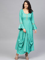 Load image into Gallery viewer, Bell sleeve printed long dress with front drape
