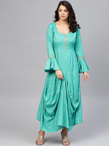 Bell sleeve printed long dress with front drape