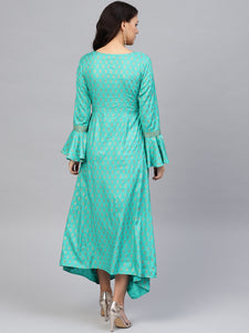 Bell sleeve printed long dress with front drape