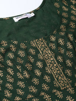 Bell sleeve printed long dress with front drape in Bottle Green