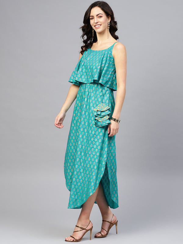 Printed Flare yoke with U hem long dress in Mint Blue
