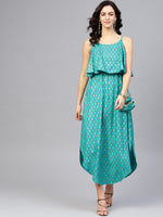 Printed Flare yoke with U hem long dress in Mint Blue