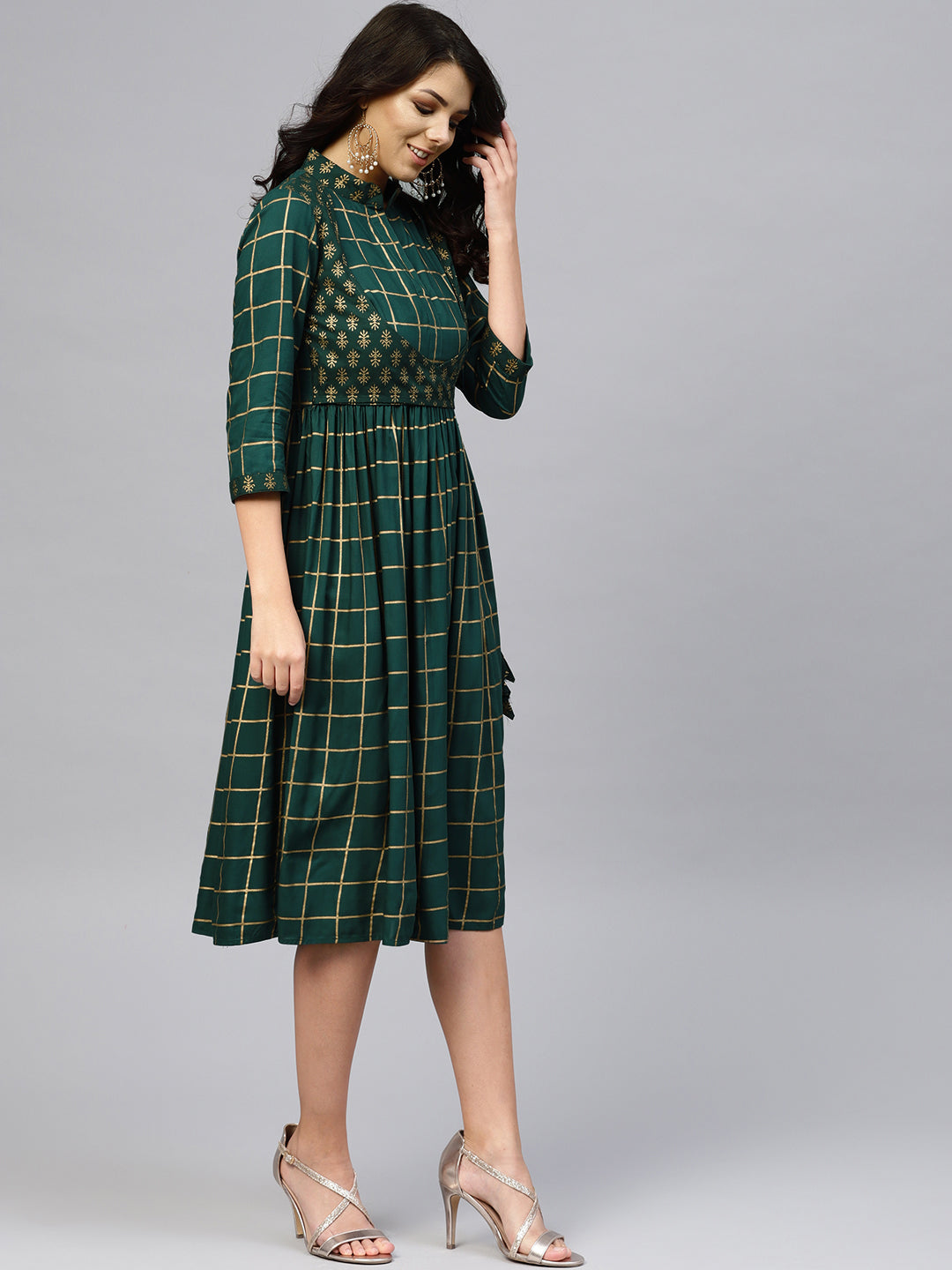 Printed Midi dress with mock waistcoat