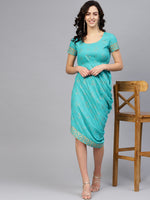 Load image into Gallery viewer, Asymmetric side cowl printed dress

