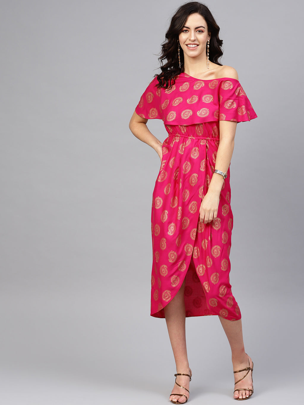 One Shoulder yoke overlap printed dress