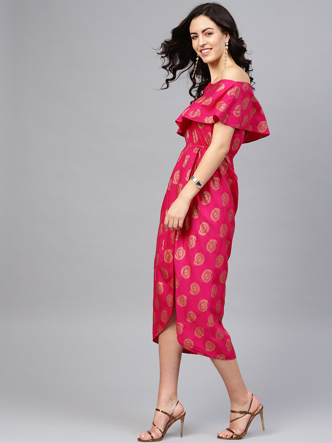 One Shoulder yoke overlap printed dress