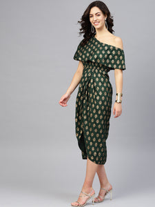 One Shoulder yoke overlap printed dress