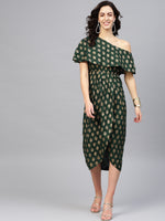 One Shoulder yoke overlap printed dress