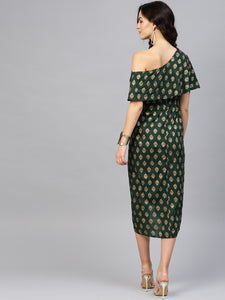 One Shoulder yoke overlap printed dress