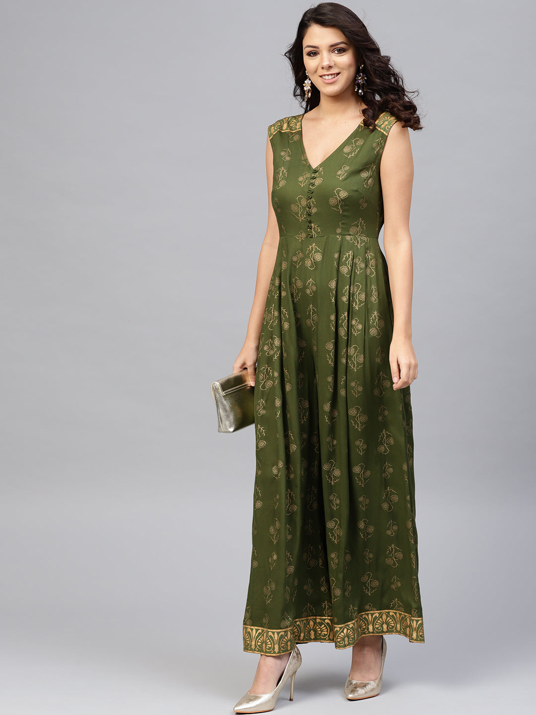 Front loops with flare pleated pants printed jumpsuit