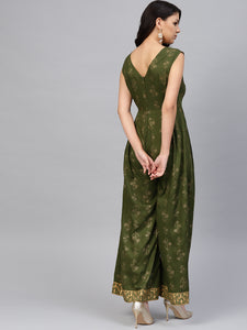Front loops with flare pleated pants printed jumpsuit