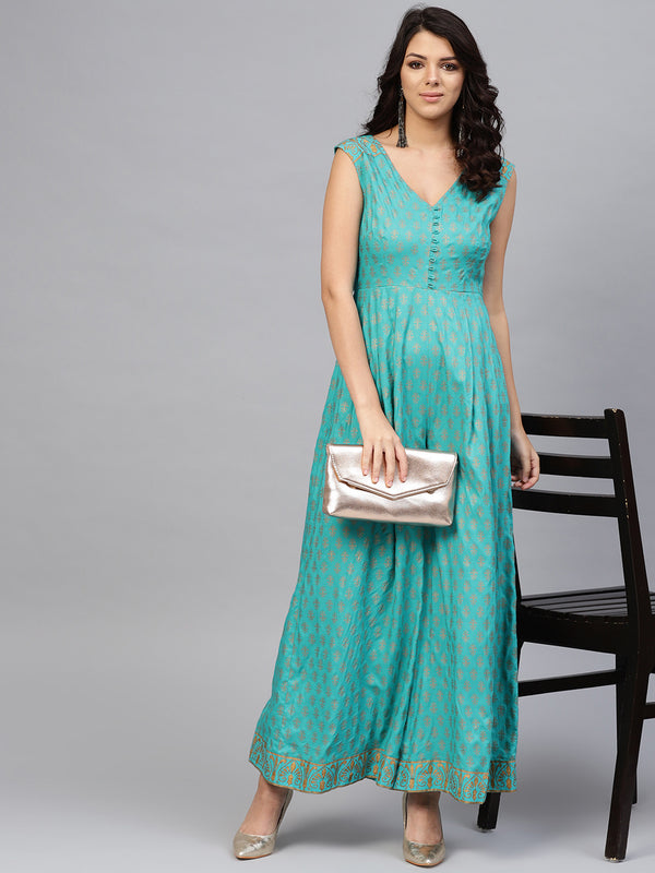 Front loops with flare pleated pants printed jumpsuit in Mint Blue