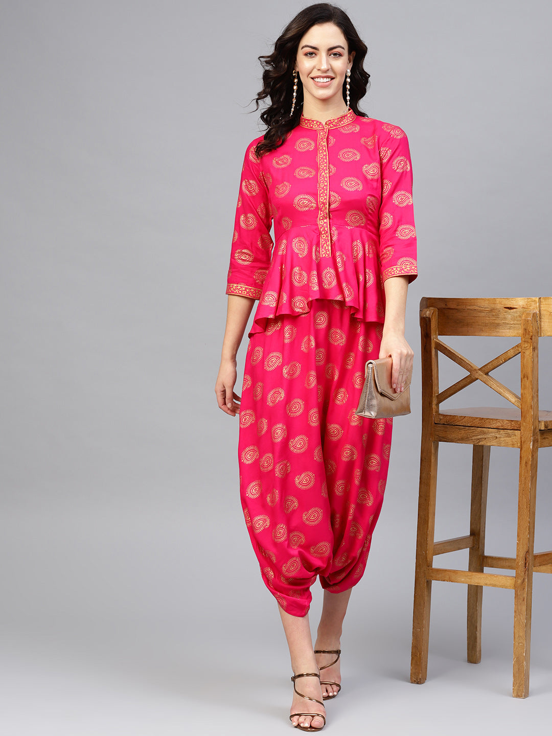 Peplum yoke with low crotch printed jumpsuit