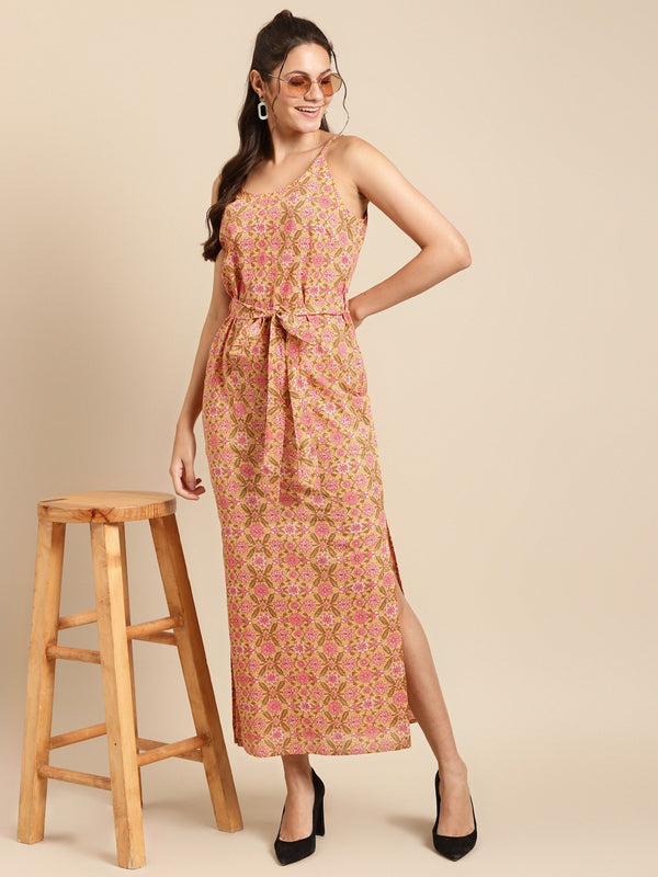 Speghetti Strap long maxi dress with waist tie in Peach Print