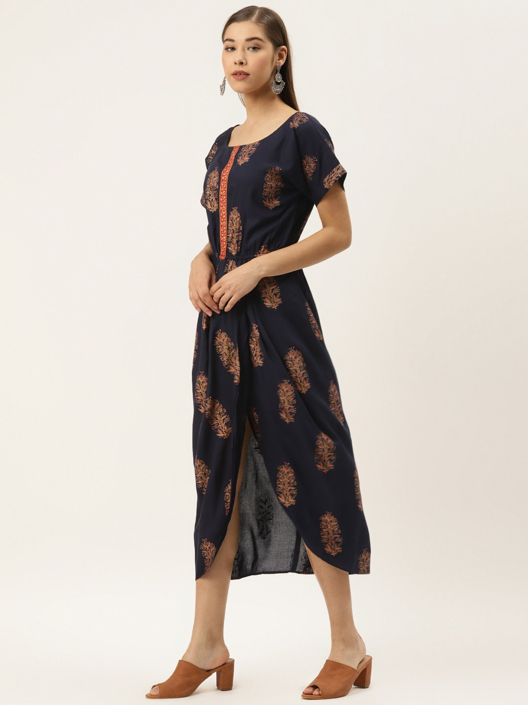 Gold Block Print Front Pleated side cowl dress