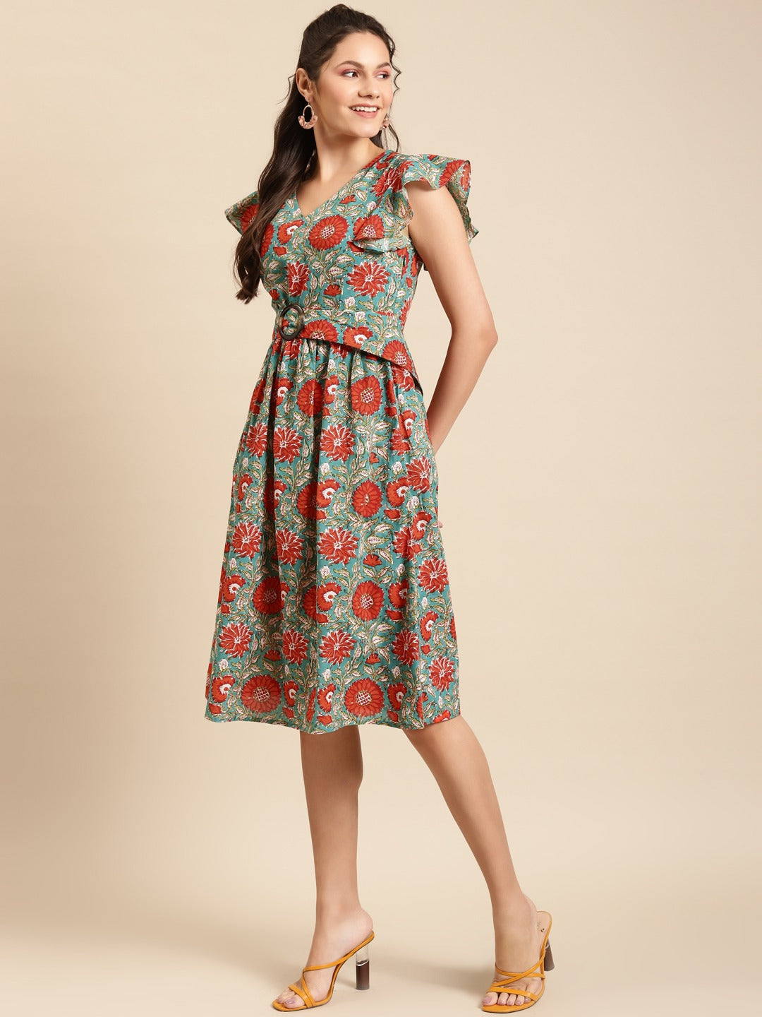 Frill sleeve printed midi dress with buckle belt
