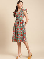 Load image into Gallery viewer, Frill sleeve printed midi dress with buckle belt
