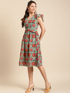 Frill sleeve printed midi dress with buckle belt