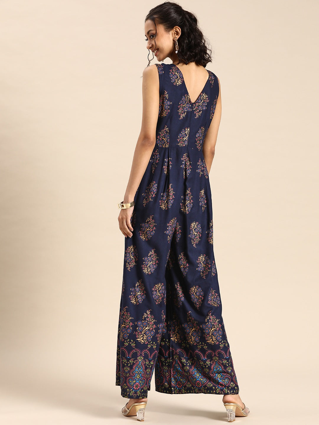 V neck pleated jumpsuit